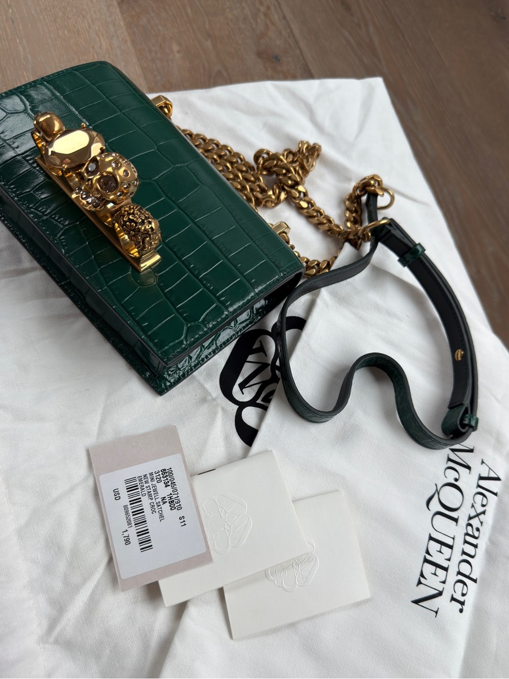ALEXANDER MCQUEEN ‘Mini Jeweled Croc Satchel’ in Emerald/Gold - Picture 14 of 14